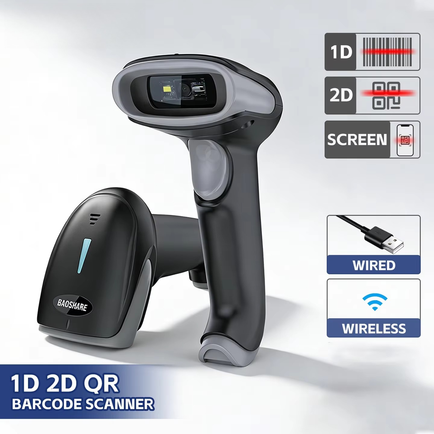 Barcode Scanner Wireless - USB Kabelloser 2,4G Barcode-Scanner CMOS-Lichtquelle 1D/2D